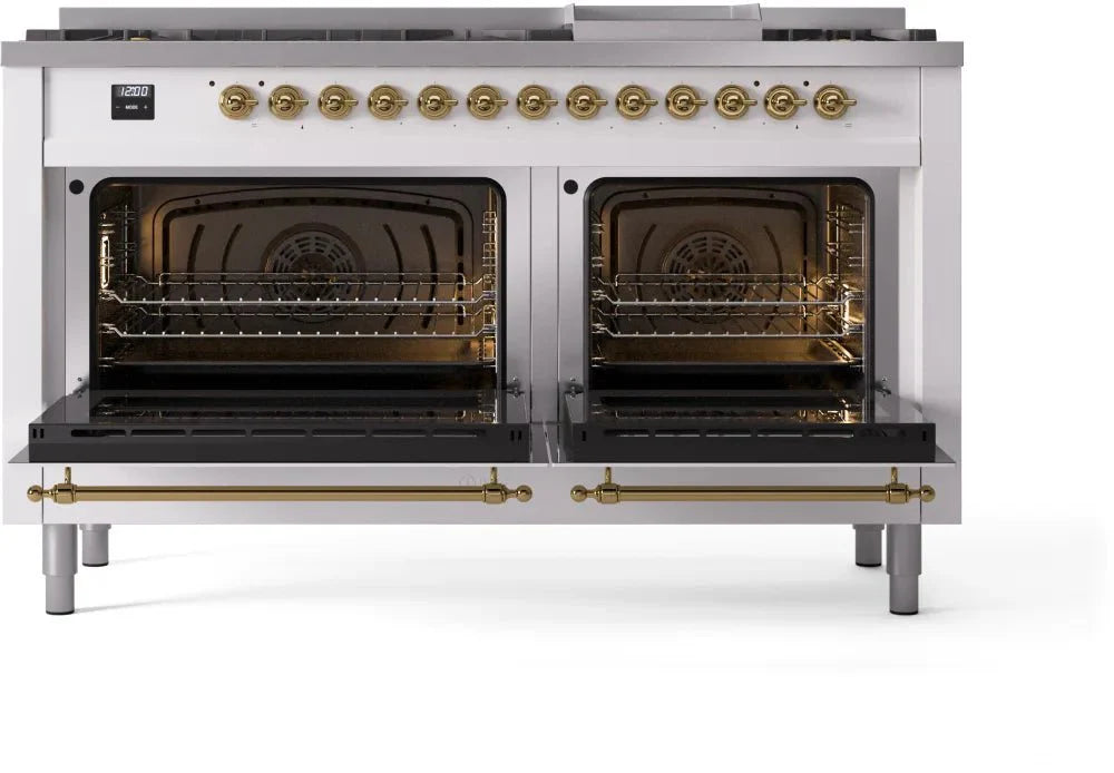 ILVE Nostalgie II 60" Dual Fuel Natural Gas Range, White, Brass Trim UP60FNMPWHG