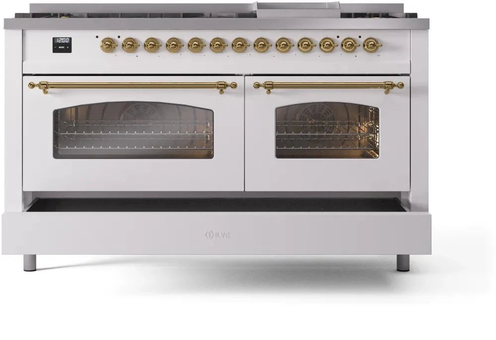 ILVE Nostalgie II 60" Dual Fuel Natural Gas Range, White, Brass Trim UP60FNMPWHG