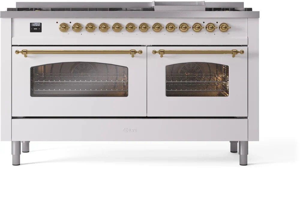 ILVE Nostalgie II 60" Dual Fuel Natural Gas Range, White, Brass Trim UP60FNMPWHG