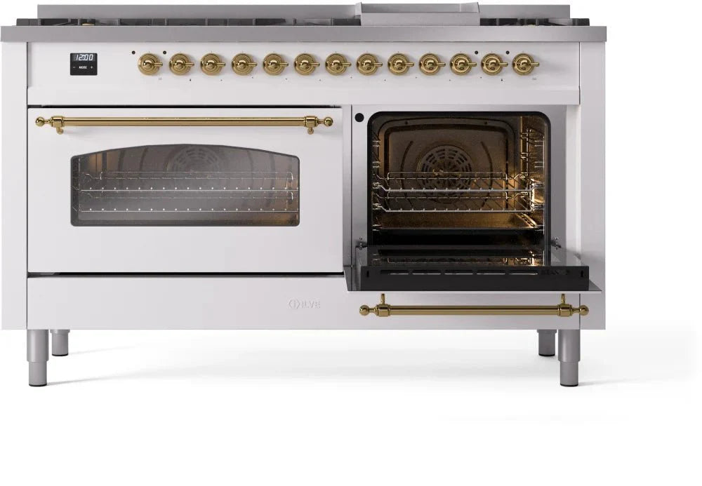 ILVE Nostalgie II 60" Dual Fuel Natural Gas Range, White, Brass Trim UP60FNMPWHG