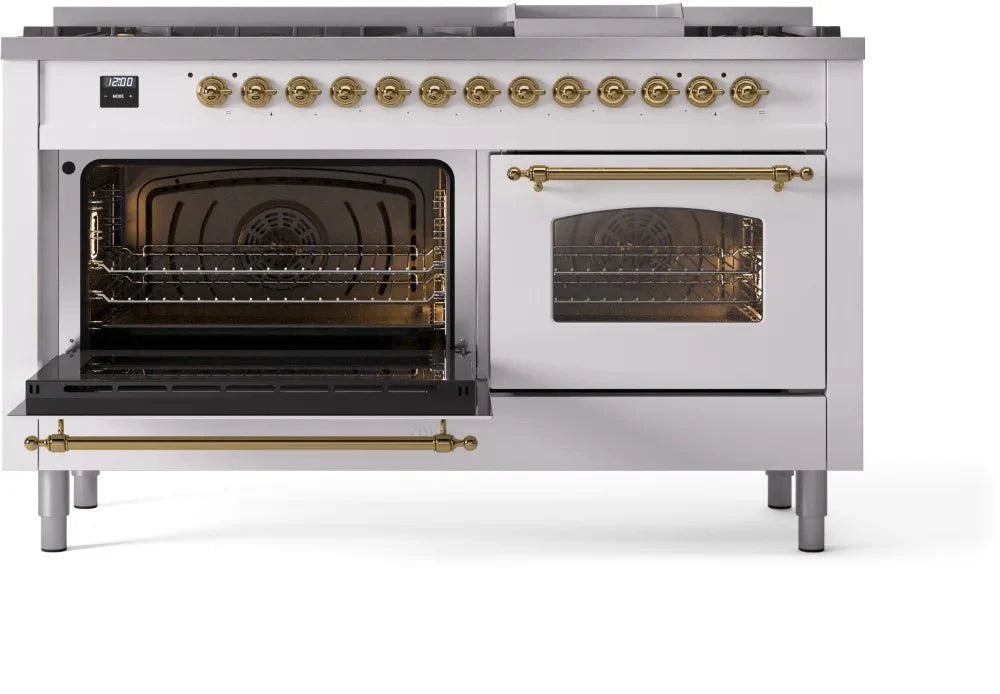 ILVE Nostalgie II 60" Dual Fuel Natural Gas Range, White, Brass Trim UP60FNMPWHG