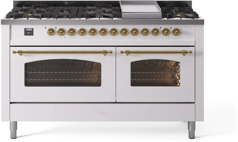 ILVE Nostalgie II 60" Dual Fuel Liquid Propane Range, White, Brass Trim UP60FNMPWHGLP