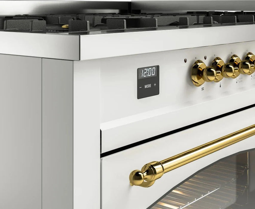 ILVE Nostalgie II 60" Dual Fuel Natural Gas Range, White, Brass Trim UP60FNMPWHG