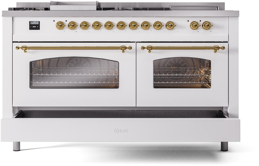 ILVE Nostalgie II 60" Dual Fuel Natural Gas Range, White, Brass Trim UP60FSNMPWHG