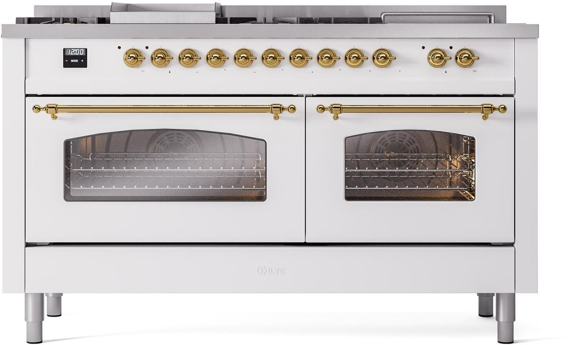 ILVE Nostalgie II 60" Dual Fuel Natural Gas Range, White, Brass Trim UP60FSNMPWHG