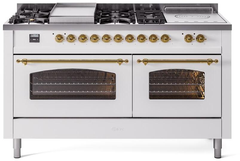 ILVE Nostalgie II 60" Dual Fuel Natural Gas Range, White, Brass Trim UP60FSNMPWHG