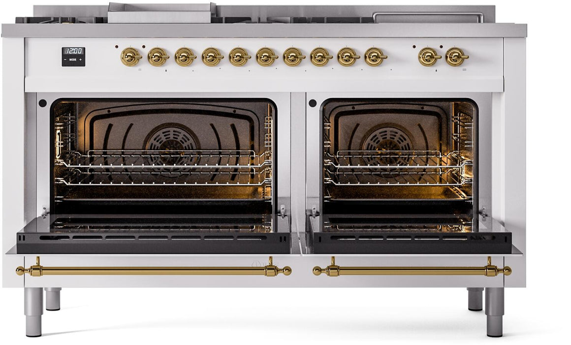 ILVE Nostalgie II 60" Dual Fuel Natural Gas Range, White, Brass Trim UP60FSNMPWHG