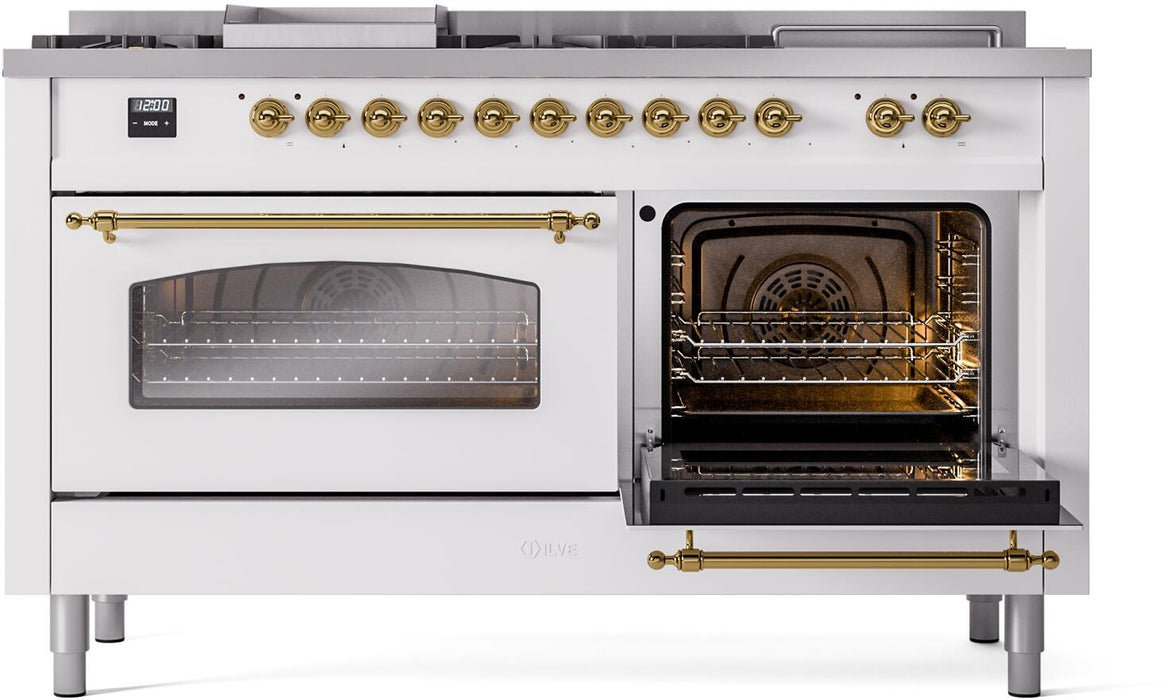 ILVE Nostalgie II 60" Dual Fuel Natural Gas Range, White, Brass Trim UP60FSNMPWHG