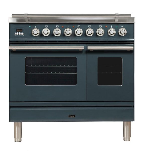 ILVE Professional Plus 36" Dual Fuel Natural Gas Freestanding Range, Blue Grey, Chrome Trim UPDW90FDMPGU