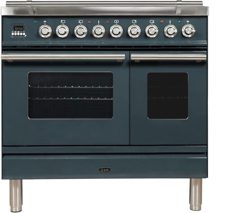 ILVE Professional Plus 36" Dual Fuel Natural Gas Freestanding Range, Blue Grey, Chrome Trim UPDW90FDMPGU