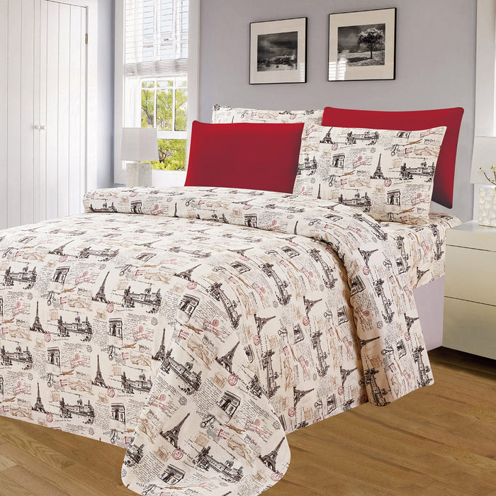 PREMIUS Paris Wrinkle-Free Microfiber Sheet Set, Beige-Red