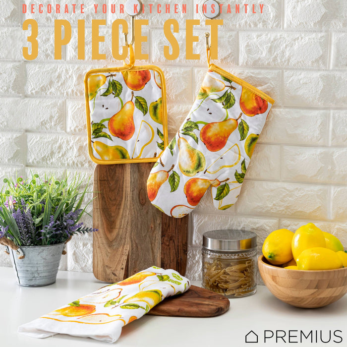 PREMIUS 3 Piece Printed Kitchen Linen Set, 1 Cotton Towel, 1 Pot Holder, 1 Oven Mitt