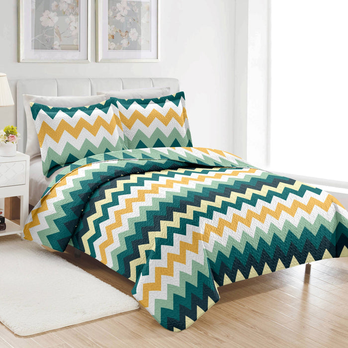 PREMIUS Montego 3 Piece Microfiber Wrinkle-Free Quilt Set, Green-Yellow
