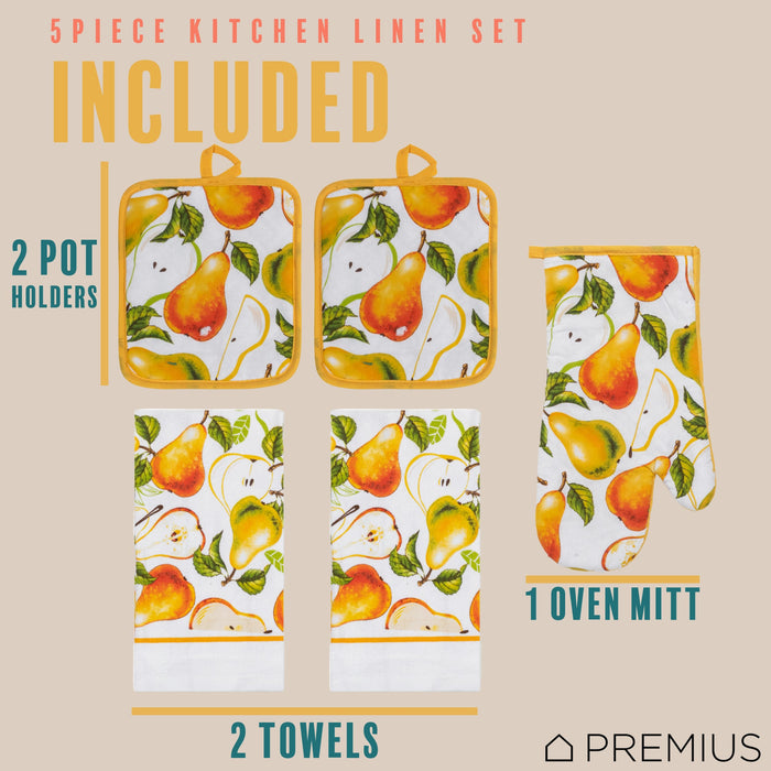 PREMIUS 5 Piece Printed Kitchen Linen Set, 2 Cotton Towels, 2 Pot Holders, 1 Oven Mitt