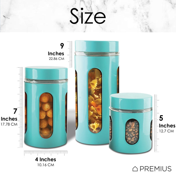 Premius Airtight 3-Piece Kitchen Glass Canister Set, Turquoise Blue