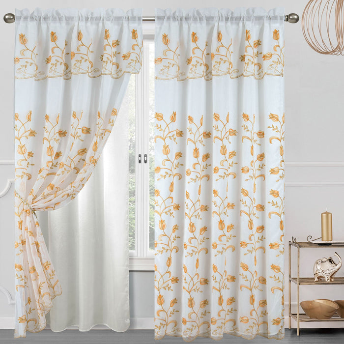 Cecilia Floral Embroidery Window Panel With Valance and Backing, 54x84 Inches