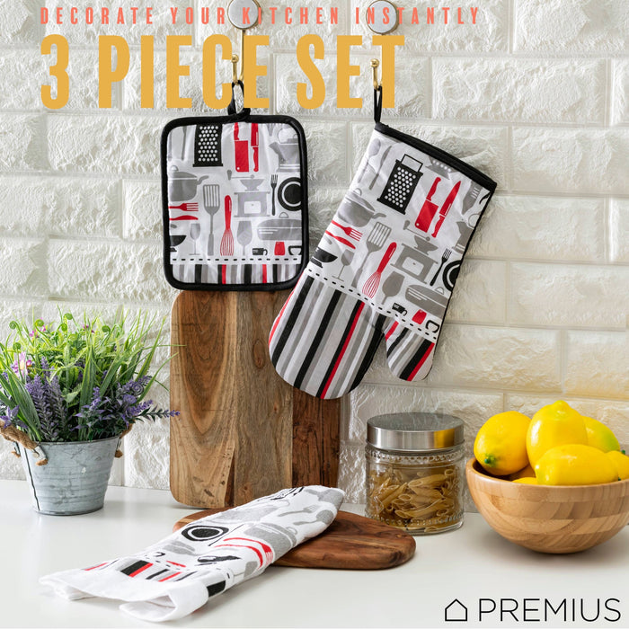 PREMIUS 3 Piece Printed Kitchen Linen Set, 1 Cotton Towel, 1 Pot Holder, 1 Oven Mitt