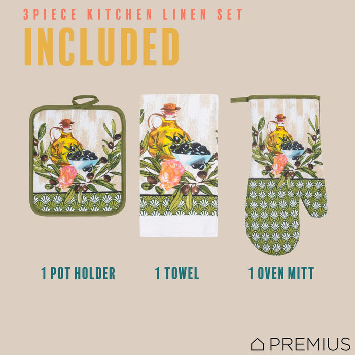 PREMIUS 3 Piece Printed Kitchen Linen Set, 1 Cotton Towel, 1 Pot Holder, 1 Oven Mitt