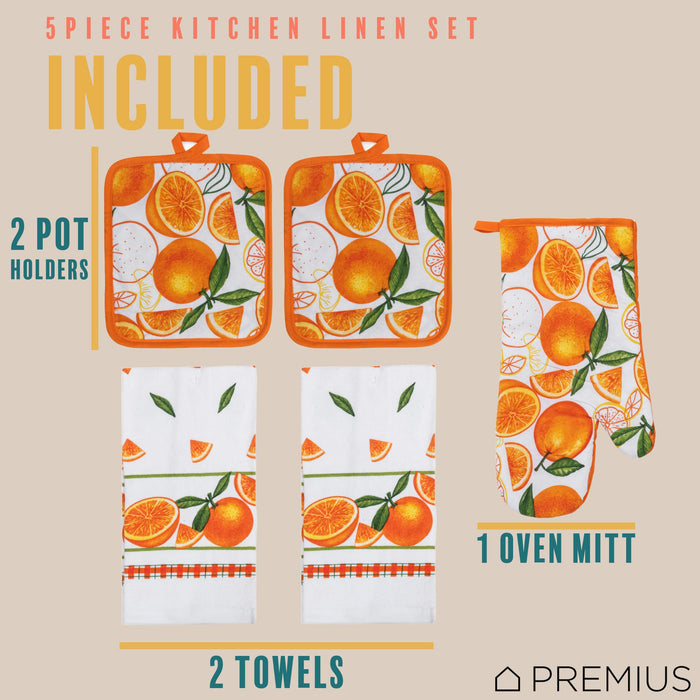 PREMIUS 5 Piece Printed Kitchen Linen Set, 2 Cotton Towels, 2 Pot Holders, 1 Oven Mitt