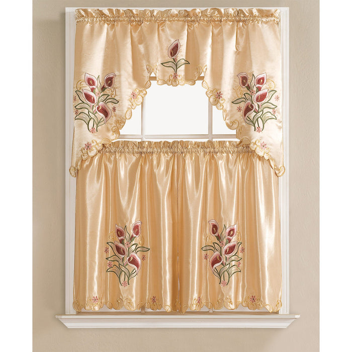 Tulip Satin Embroidered Kitchen Curtain Set, Swag 60x36, Tiers 30x36 Inches