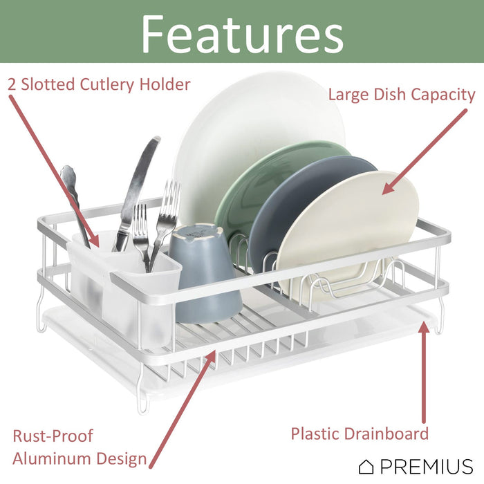 Premius Aluminum Dish Rack With Drainage Tray and Cutlery Holder, 16.75X12X5.65 Inches