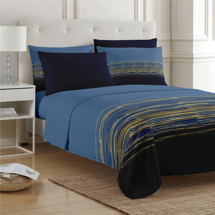 PREMIUS Leo Soft Wrinkle-Free Microfiber Sheet Set, Navy-Gold