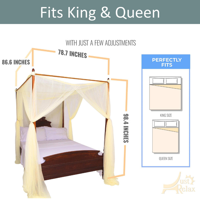 Just Relax Four Corner Post Elegant Mosquito Net Bed Canopy Set, Yellow, Full-Queen-King