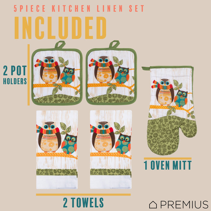 PREMIUS 5 Piece Printed Kitchen Linen Set, 2 Cotton Towels, 2 Pot Holders, 1 Oven Mitt