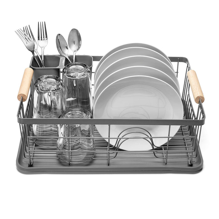 Premius 3 Piece Dish Rack With Bamboo Handles, Grey, 16.9x12.6x4.3 Inches