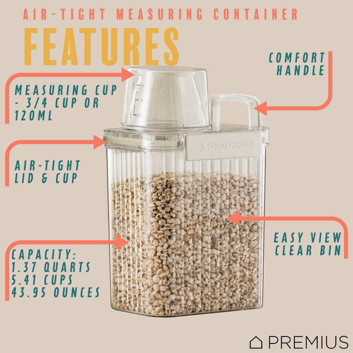 PREMIUS Plastic Food Storage Container with Measuring Cup, Clear-Natural