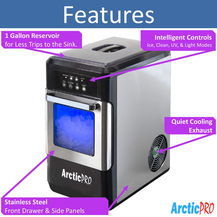 Arctic-Pro Ice Pellet Portable Ice Maker with UV Light and Ice Draw, Black-Stainless Steel