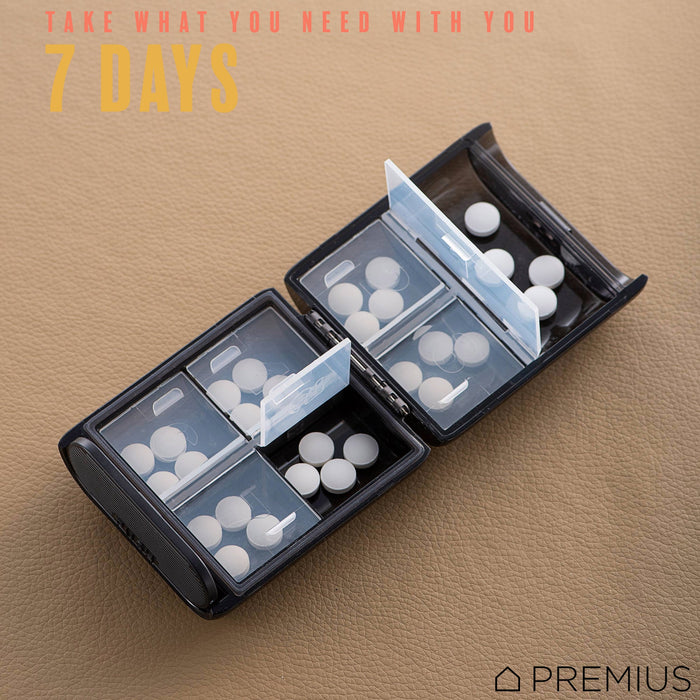 PREMIUS 7 Day Compact Travel Foldable Pill Organizer Box, Clear-Black, 3.3x2.95x1.18 Inches