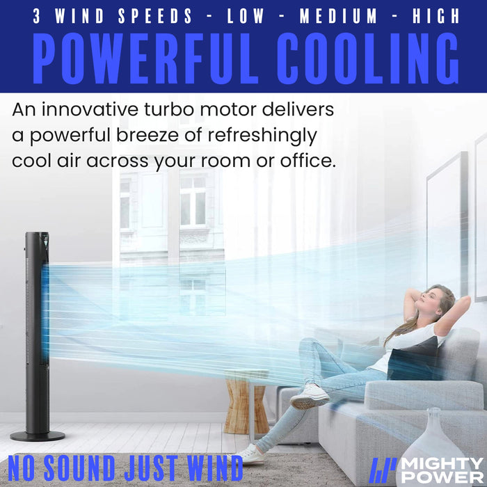 MIGHTY POWER 3 Speed LED Tower Fan With Remote Control, Timer, Night Mode, Black, 38 Inches