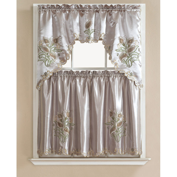 Tulip Satin Embroidered Kitchen Curtain Set, Swag 60x36, Tiers 30x36 Inches