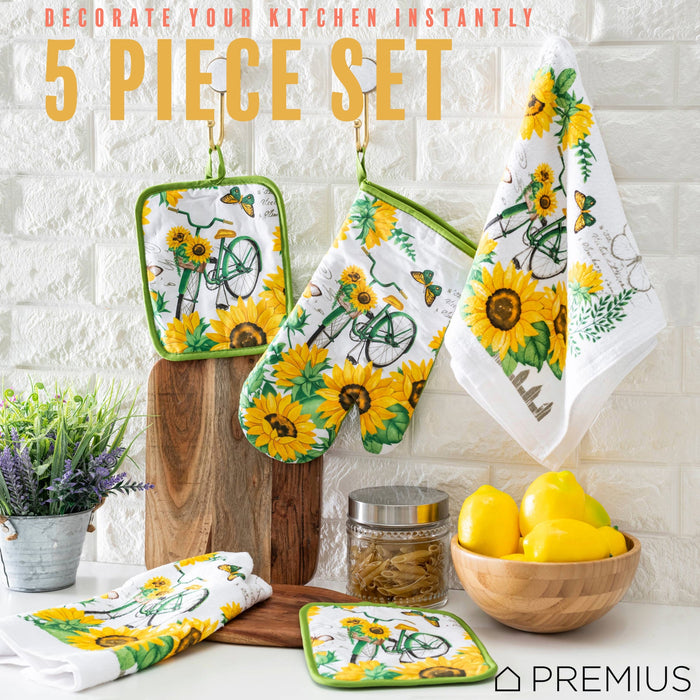 PREMIUS 5 Piece Printed Kitchen Linen Set, 2 Cotton Towels, 2 Pot Holders, 1 Oven Mitt