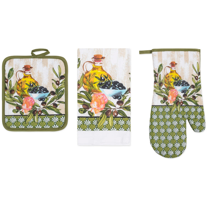 PREMIUS 3 Piece Printed Kitchen Linen Set, 1 Cotton Towel, 1 Pot Holder, 1 Oven Mitt