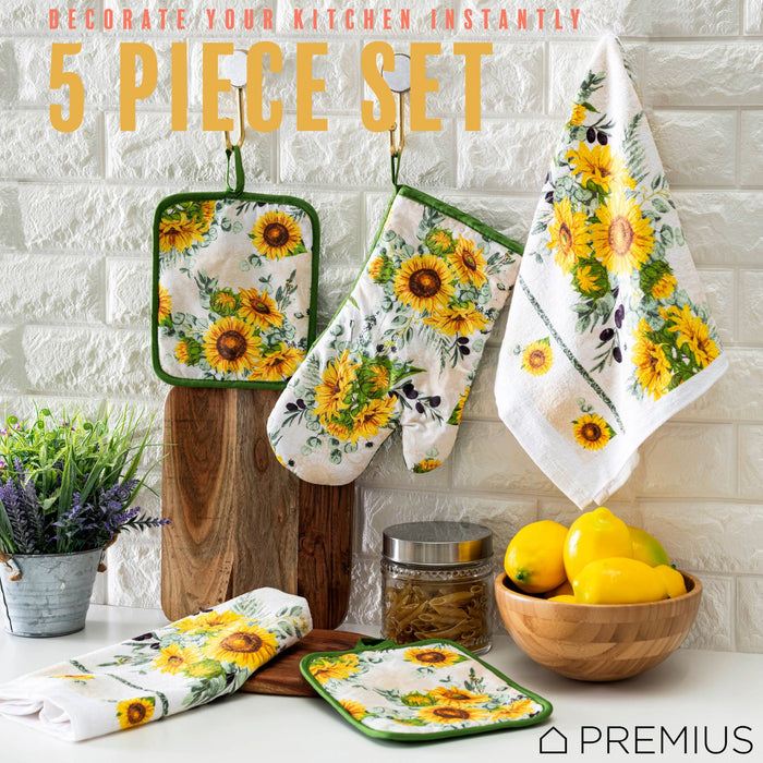 PREMIUS 5 Piece Printed Kitchen Linen Set, 2 Cotton Towels, 2 Pot Holders, 1 Oven Mitt