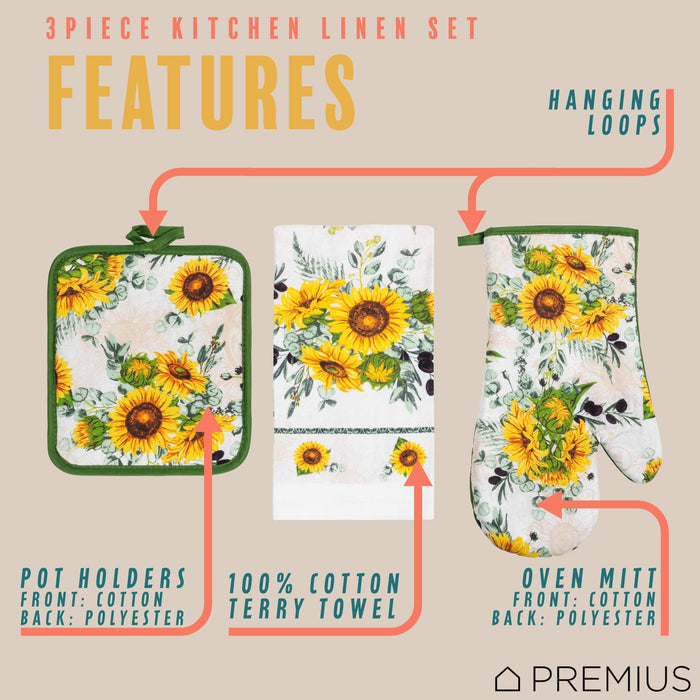 PREMIUS 3 Piece Printed Kitchen Linen Set, 1 Cotton Towel, 1 Pot Holder, 1 Oven Mitt