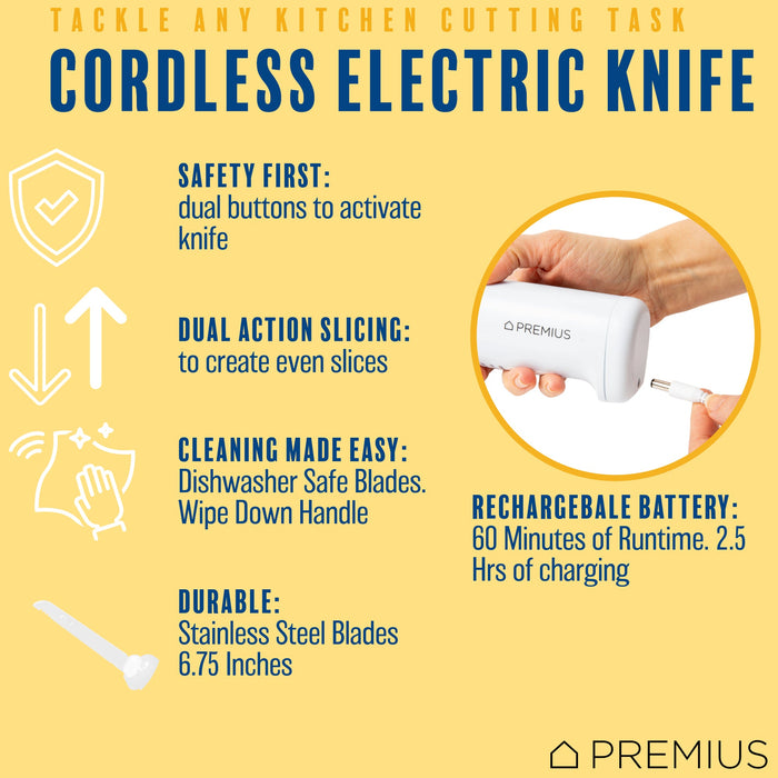 PREMIUS Professional Rechargeable Cordless Electric Knife, 1 Serrated Blade, White