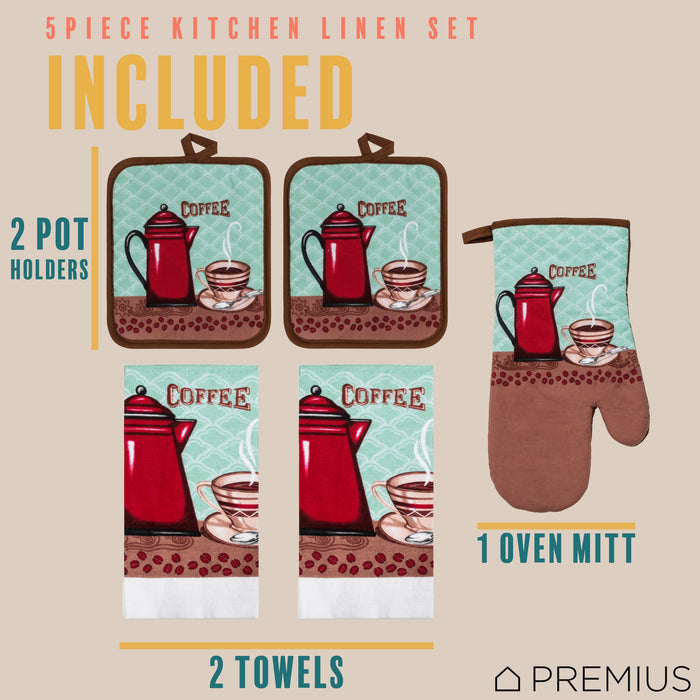 PREMIUS 5 Piece Printed Kitchen Linen Set, 2 Cotton Towels, 2 Pot Holders, 1 Oven Mitt