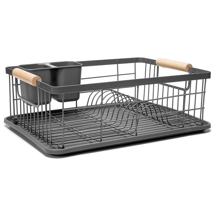 Premius 3 Piece Dish Rack With Bamboo Handles, Grey, 16.9x12.6x4.3 Inches