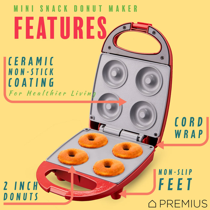 PREMIUS Ceramic Non-Stick Mini Snack Donut Maker, 2 Inch Mold, 4 Count