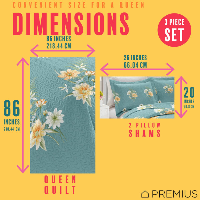 PREMIUS Lucea 3 Piece Microfiber Wrinkle-Free Quilt Set, Soft Blue