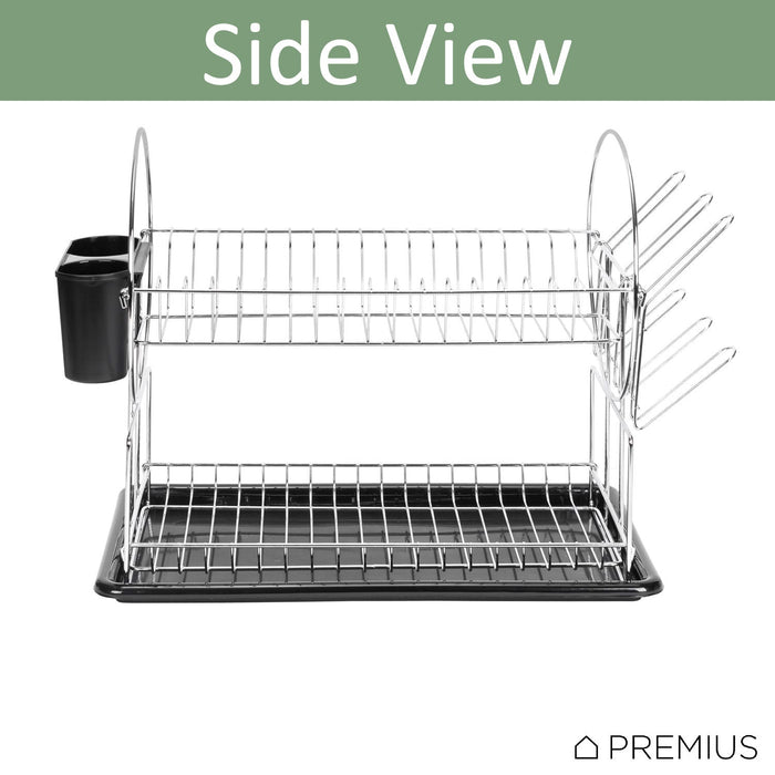 Premius 2-Tier Chrome Finished Drying Dish Rack, Black, 20.25x9x14 Inches