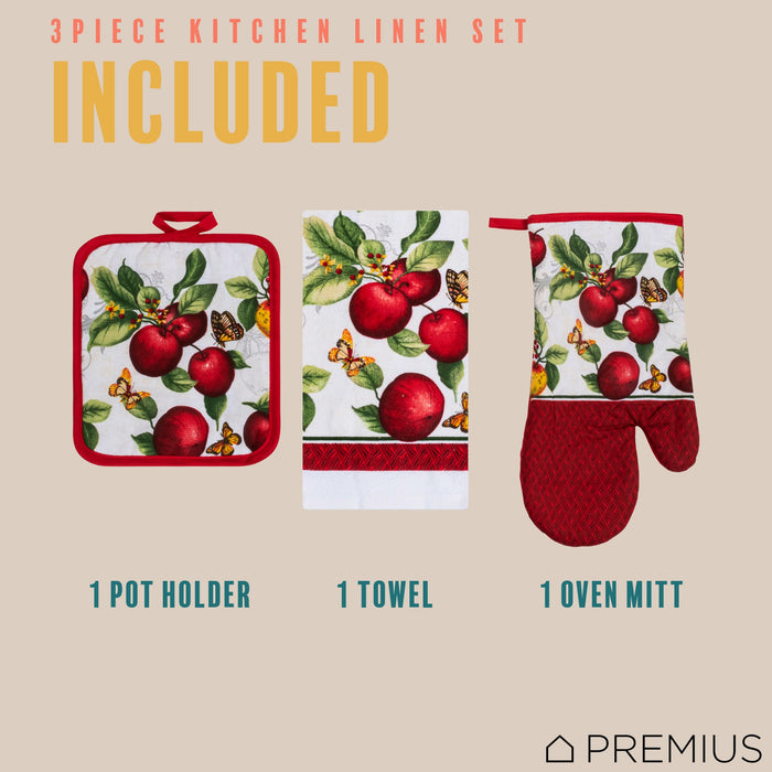 PREMIUS 3 Piece Printed Kitchen Linen Set, 1 Cotton Towel, 1 Pot Holder, 1 Oven Mitt