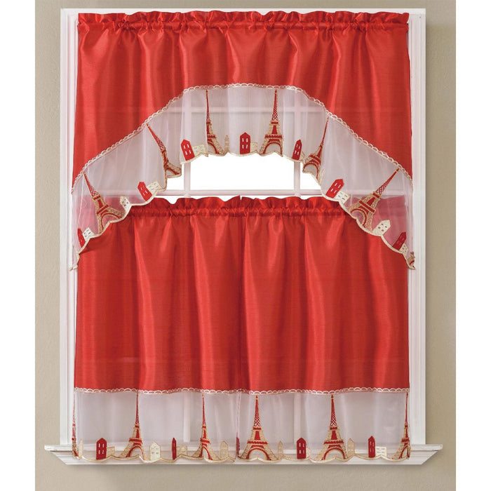 Paris Embroidered Kitchen Curtain Set, Swag 60x36, 30x36 Inches