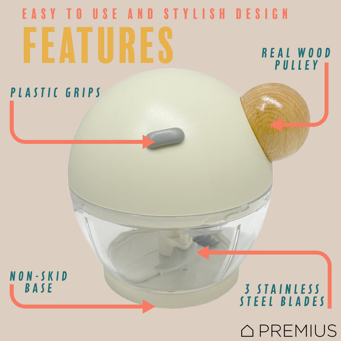 PREMIUS Manual Pull Hand Food Chopper, With Wood Ball, White-Natural, 1.5 Cups