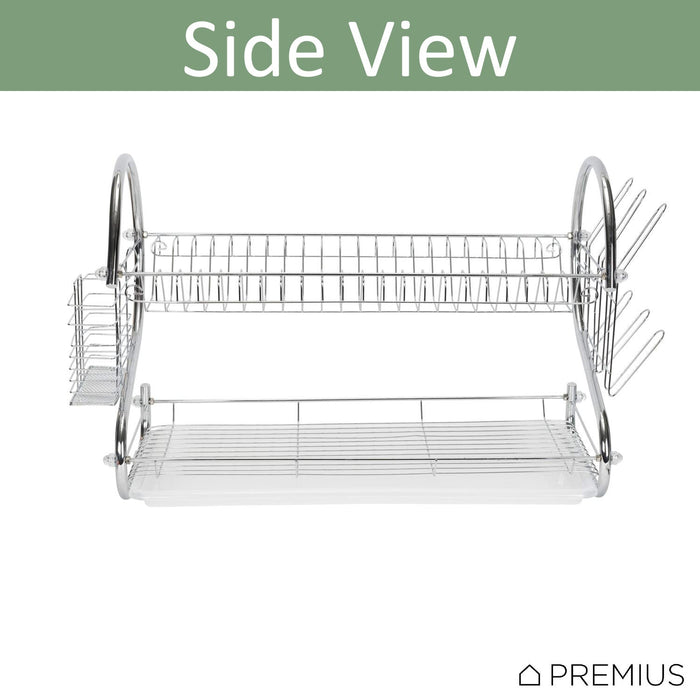 Premius 2-Tier S-Shape Dish Rack With Drainage Tray and Cutlery Holder, Chrome, 22x9.75x15 Inches