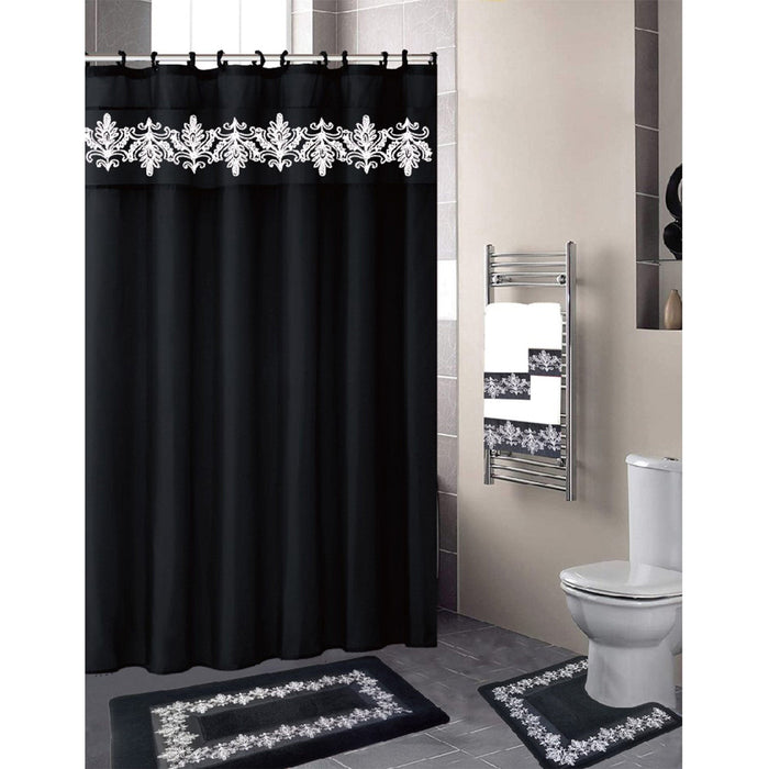 Kira Embroidery Shower Curtain and Towel Set, 18 Pieces