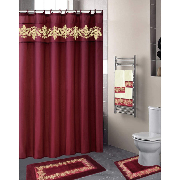 Kira Embroidery Shower Curtain and Towel Set, 18 Pieces